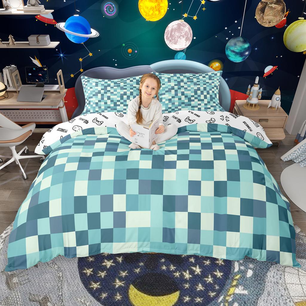 Homewish Kids Miner Game Duvet Cover Set For Boys Girls Geometric Plaid Quilt Cover SetColorful Grid Bedding Set