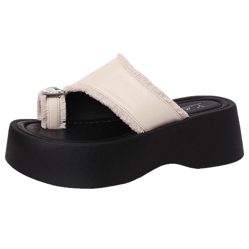 Thick-bottomed Casual Cover Toed Rhinestone Slippers Women's 2025 Summer New Super Fire Beach Versatile Lace One-word Cool Slippers