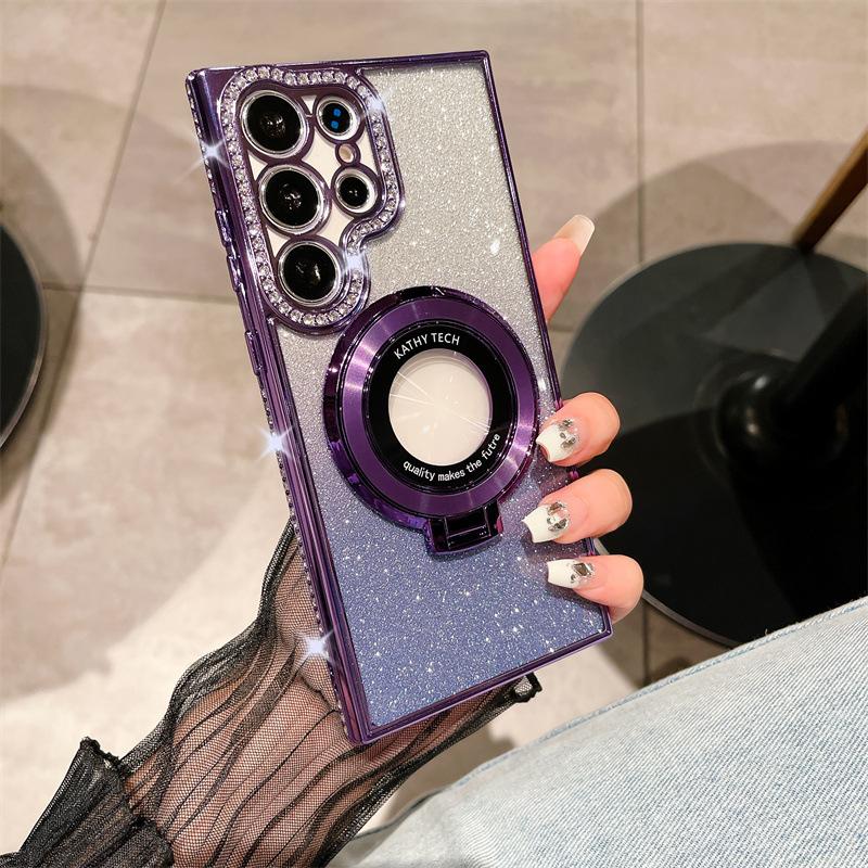Suitable for Samsung S25 Ultra Mobile Phone Case Flash Powder Gradient Electroplated Rhinestone Magnetic Suction Bracket S24 Anti Fall A56
