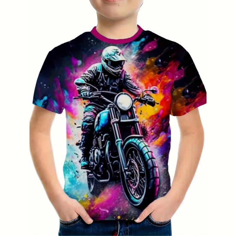 Erkek Kıyafetleri Motosiklet 3D Baskılı Tişört Moda Havalı ve Şık Grafik Üstler Yazlık Kısa Kollu Tişörtler Çocuk Giyim İçin