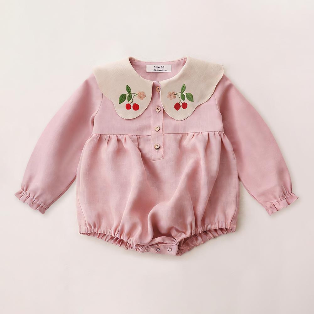 Spring Cotton Linen Infant Girl Romper Long Sleeve Embroidered Baby Bodysuit Newborn Photography Clothing