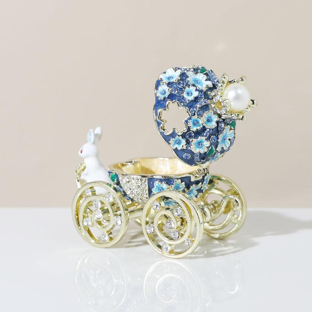 Enamel Blue Sakura Rabbit Carriage Jewelry Box Wedding Ring Gift Case