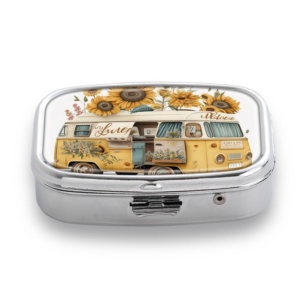 Portable Pill Box with 2 Compartments, Mini Metal Medicine Organizer Case, Cute Printed Pill Container for Vitamins, Pills, Jewelry, Travel, Daily Use