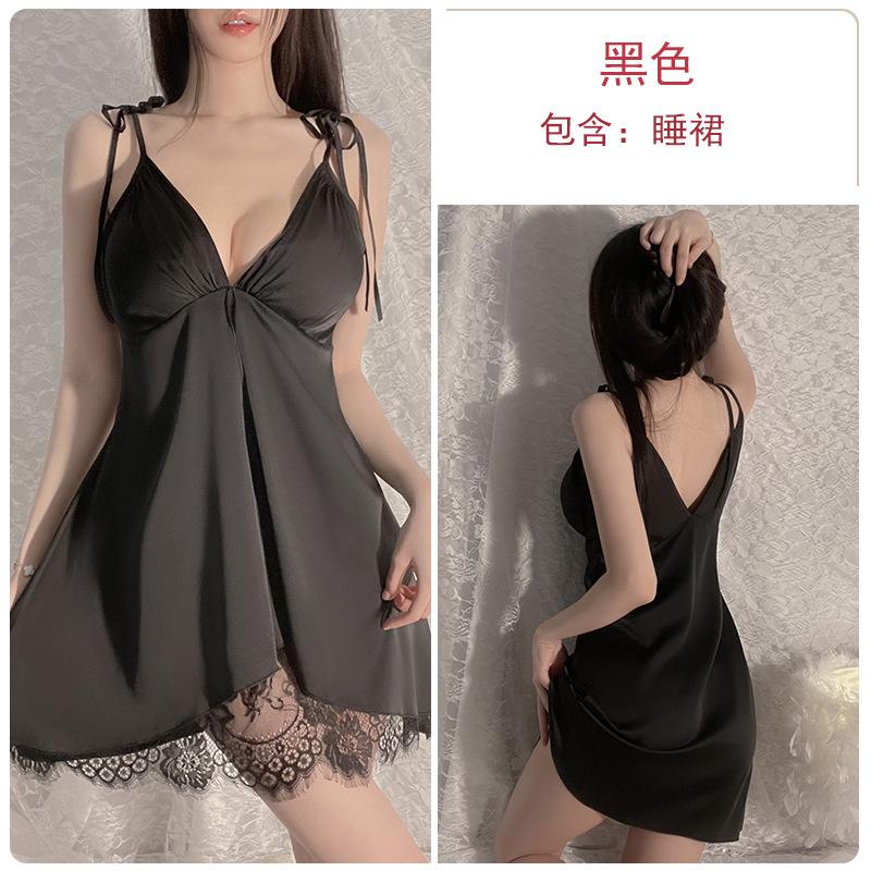 

Satin silky sexy low-cut gathering plus chest pad backless pure desire suspender nightdress women s loungewear set M чёрный