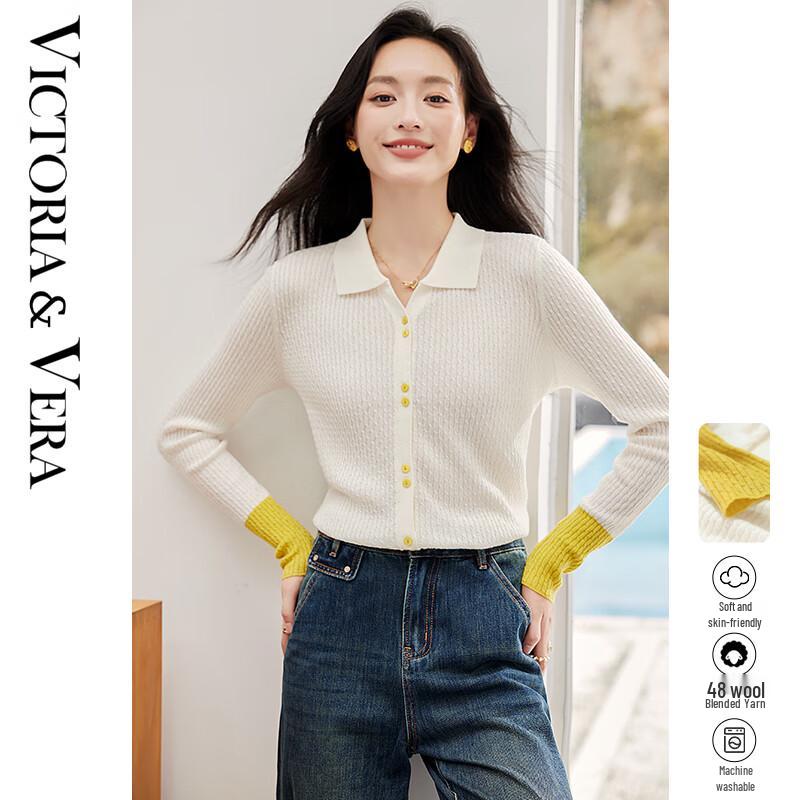 

VICTORIA&VERA Women s Contrast Cuff Ribbed V-Neck Knit Sweater XL