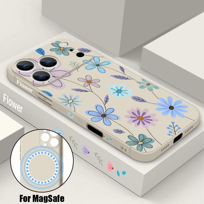Vintage Flower Case For iPhone 17 Pro Max iPhone 16 15 14 13 Pro Max Magnetic For Magsafe Soft Silicone Phone Back Cover