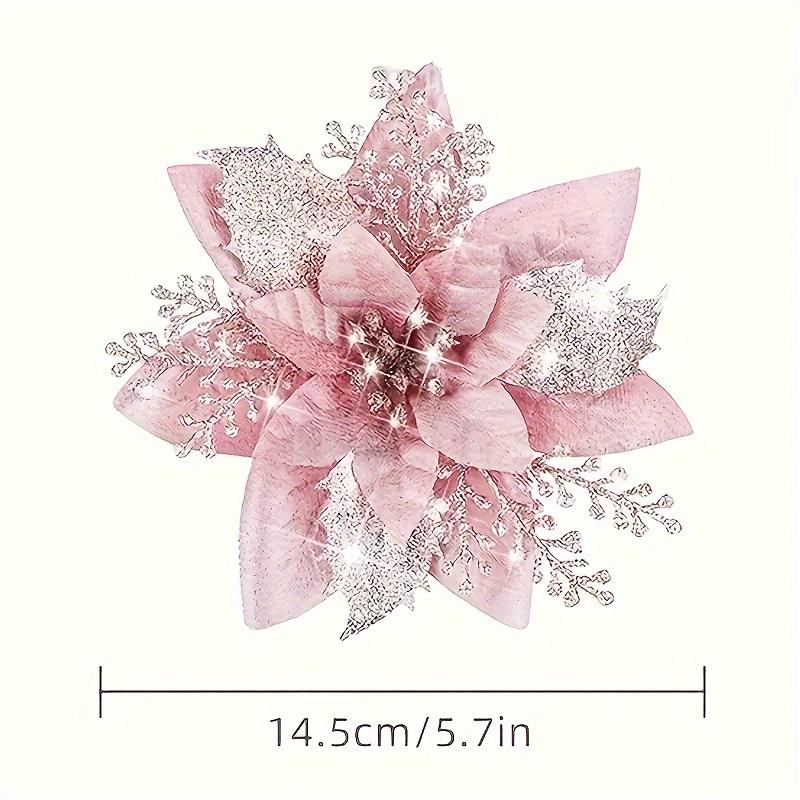 12pcs Glitter Pink Artificial Poinsettia Flowers, Plastic Vine Christmas Tree Decorations - Holiday Party Supplies & Seasonal