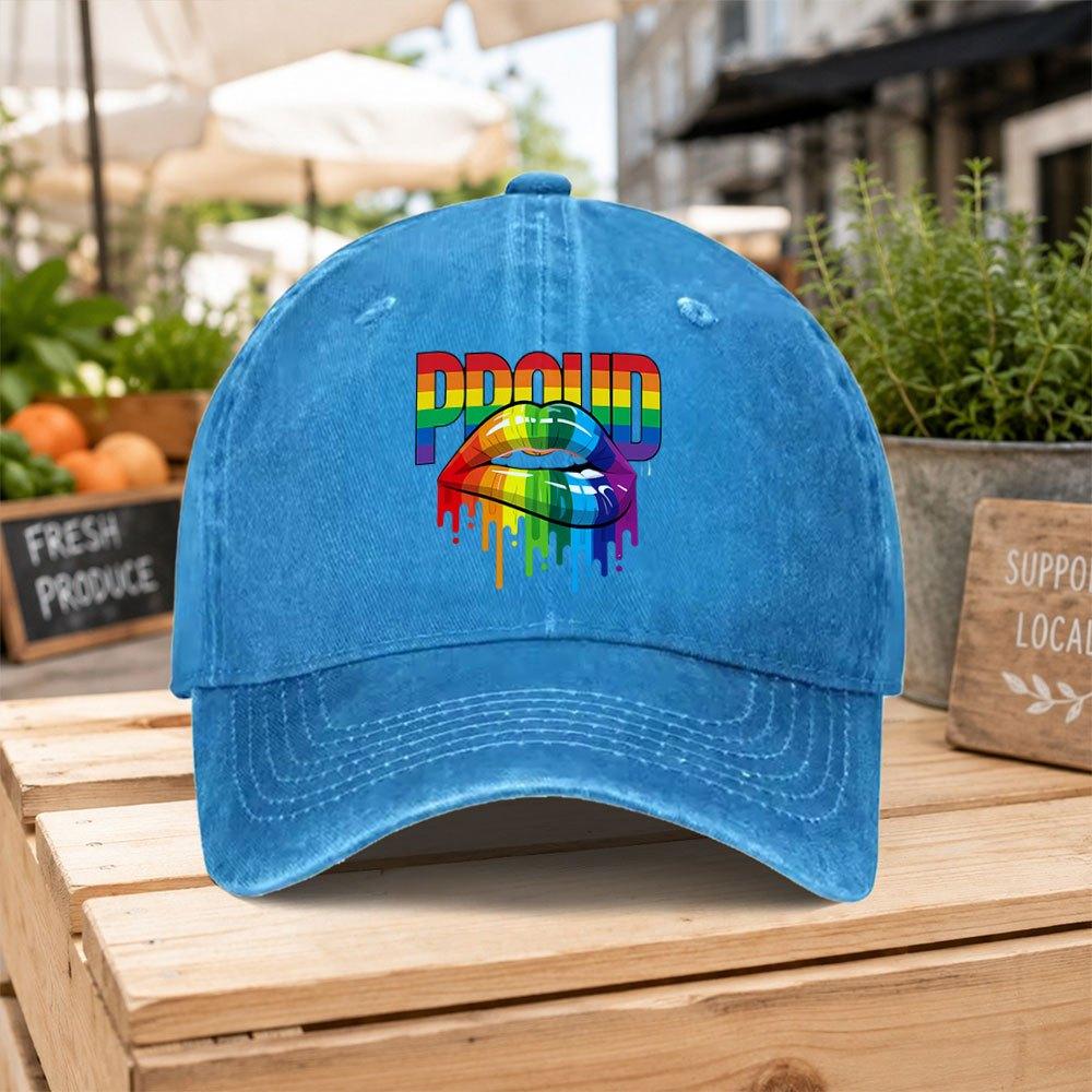Rainbow Pride Lip Print Washed Baseball Cap Unisex Casual Dad Hat for Outdoor Hiking Daily Commute Casual Gatherings