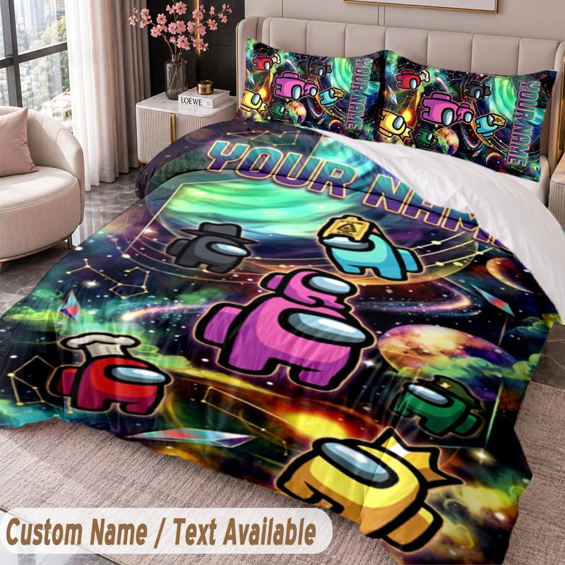 Custom Name Text 3Pcs Bedding Set Among Us Duvet Cover And Two Pillowcases