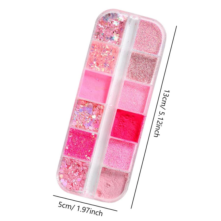 12-Compartment Mixed Nail Glitter Powder, Holographic Hexagon Flakes, Sparkly Sequins for Nail Art Designs