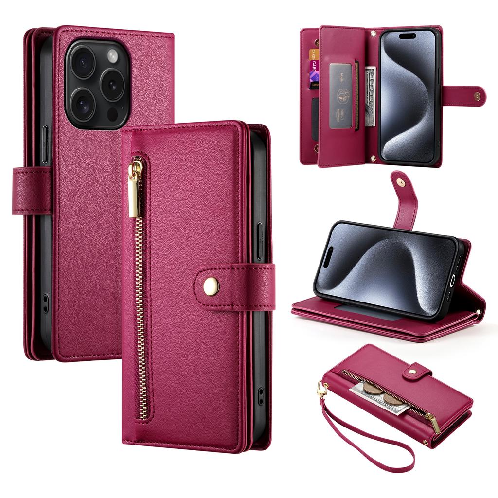 DF-011 For iPhone 15 Pro Case Zipper Leather Phone Cover with Shoulder Strap and Hand Strap