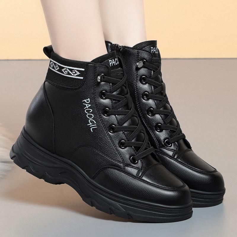 Spring Winter Women's High Top Boots Black Lace Up Platform Ankle Boots Fashion Thick Sole Short Warm Cotton Shoes