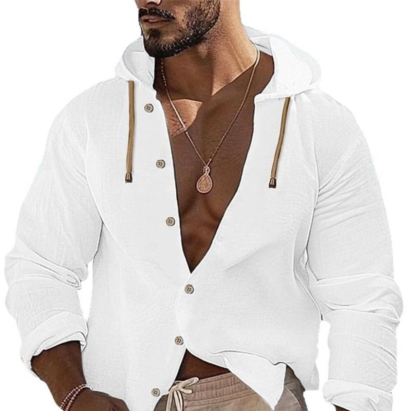 New Spring Summer Men's Hooded Inch Shirt Solid Color Cotton Linen Men's Casual Long-sleeved Button Spliced Hooded Top