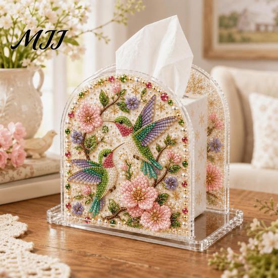 Acrylic Tissue Holder DIY Christmas Faux Pearl Art Painting Box Holder, 3D Rhinestone Beads Creative Resin Gem for Winter Xmas Holiday Tabletop Decor