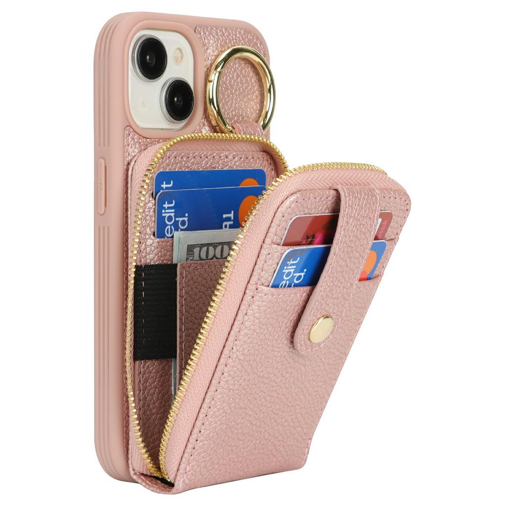 For iPhone 15 Case with Zipper Pouch/Ring Kickstand/Strap Litchi Texture PU + TPU Phone Cover