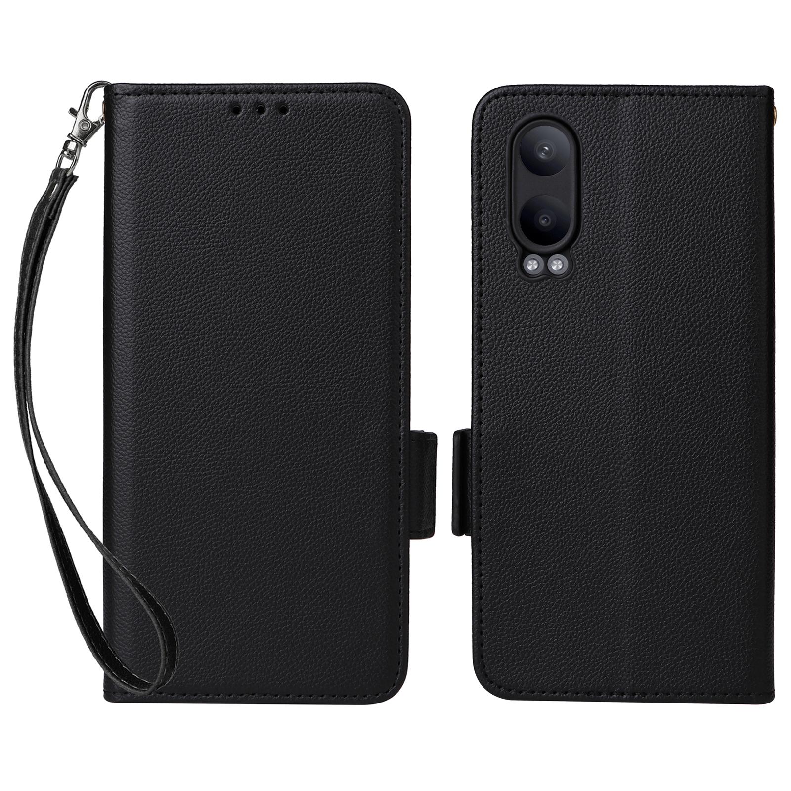 

Для OnePlus Nord CE4 Lite 5G/Oppo K12x 5G (Китай) Чехол с ремешком на запястье, текстура личи, кошелек из ПУ кожи, чехол для телефона Black