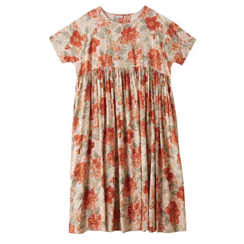 Simple bohemian long dress summer new fattened plus short sleeve crew neck printed dress women's clothing