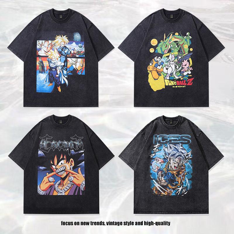 Trendy Brand Men'S T-Shirt Japanese Cartoon Direct Injection Printing 230G Heavy Pure Cotton Washed Loose Short-Sleeved T-Shirt Men'S
