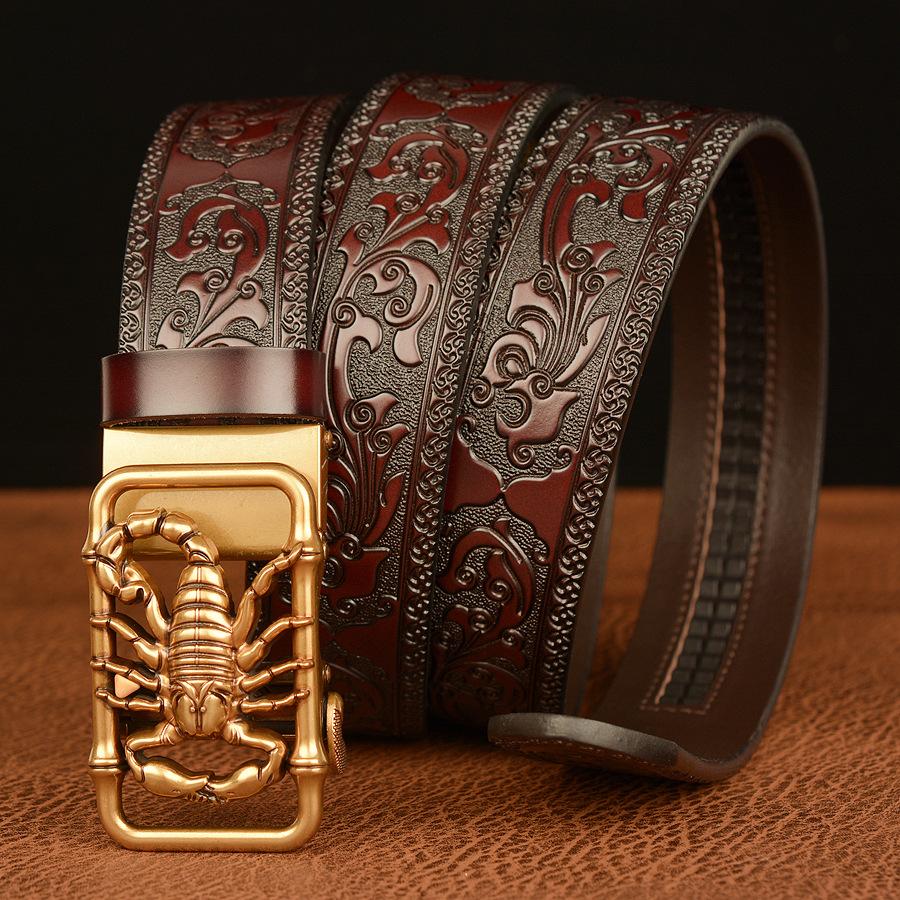 SupSindy Men Genuine Leather Belt Luxury Scorpion Metal Automatic Buckle Cowhide Belts for Men Jeans Waistband Male Strap Black