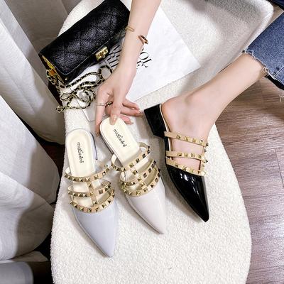 Rivet Shoes French Sense Rivet Cool Slippers Women's Summer Wear Flat-bottomed Summer and Korean Version Patent Leather Pointed Head Half Slippers