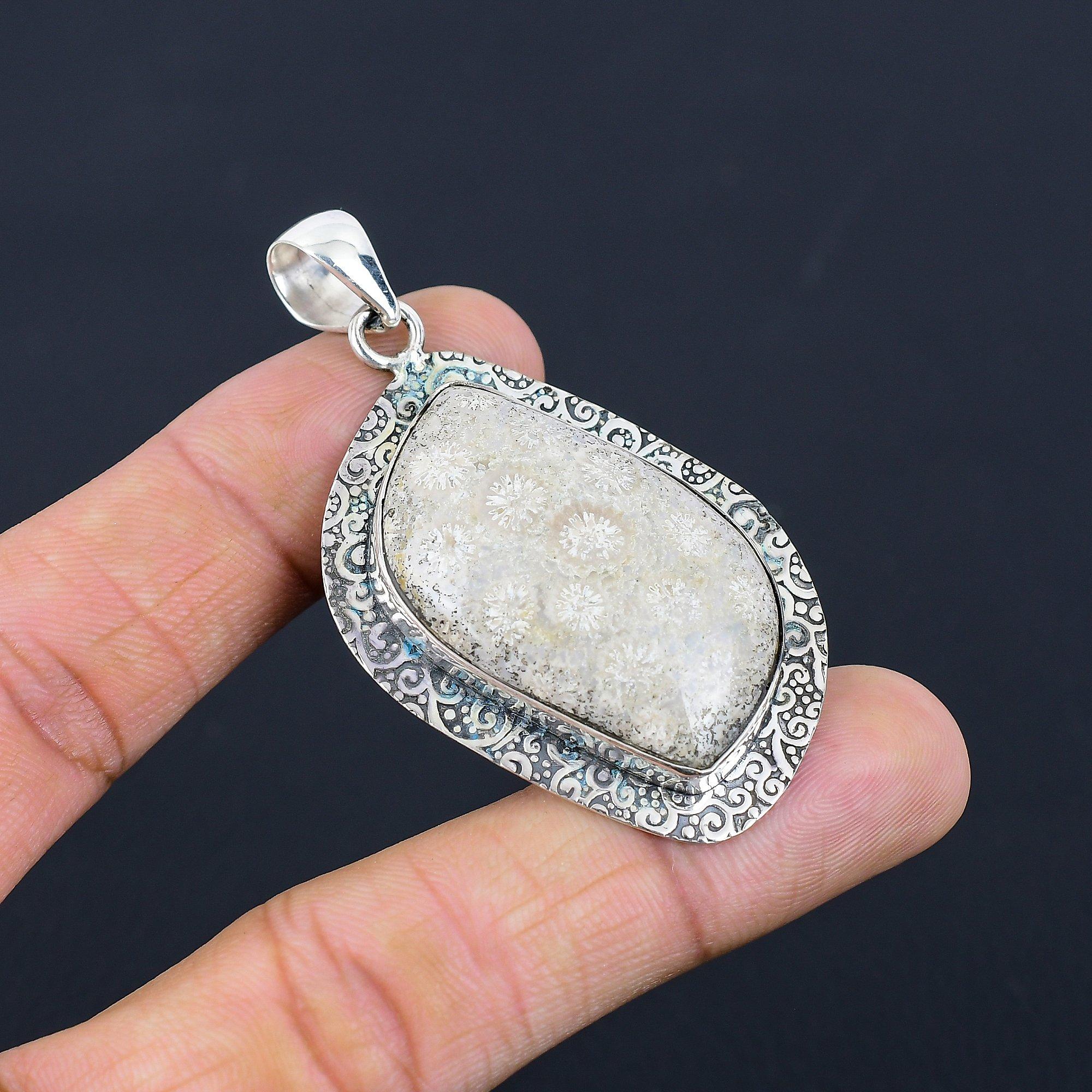 Серебро 925 Пробы Корень Чакры Ископаемый Коралл Камень Ремесленник Уникальная Оправа Мать Кулон