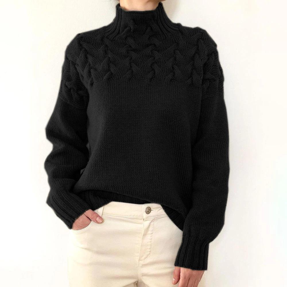 Damen Pullover mit Zopfmuster, hohem Kragen und langen Ärmeln