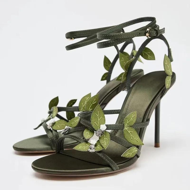 

2026 Summer Leafs Satin Narrow Band Women Gladiator Sandals Fashion Stiletto High Heels Female Party Dress Shoes Sandals Mujer 38 зелений