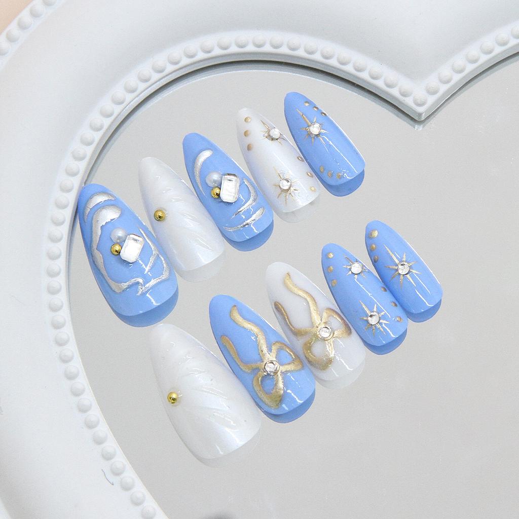 Ocean Blue Gilt  Bow Astral Corrugated Temperament Removable Nail Art 24 Pieces