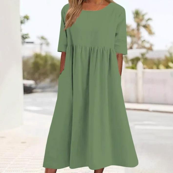 Cross-border foreign trade spring and summer new round neck 5-point sleeve large size casual loose long solid color cotton and linen dress