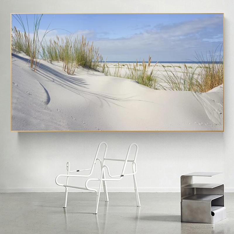 Modern Blue Sun Beach Grass Ocean Seascape Canvas Painting Landscape Posters and Prints Home Decor for Living Room Decoration