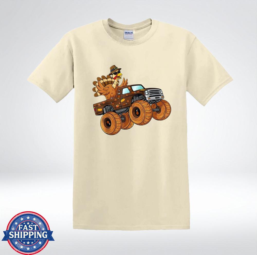 Happy Thanksgiving Turkey Driving Monster Truck Autumn Leaves T-Shirt 4XL