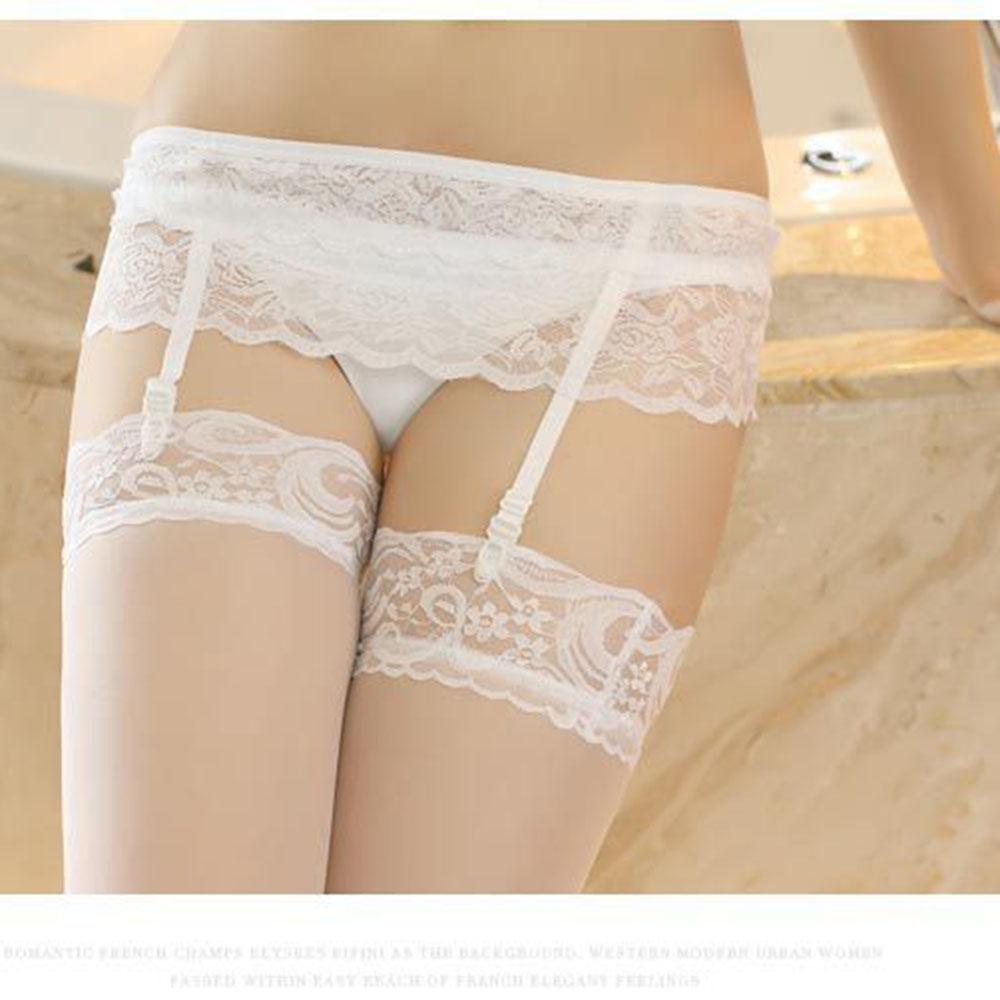 Sexy Suspender High Knee Stocking Open Crotch Lace Fishnet Tights Erotic Nightwear for Women