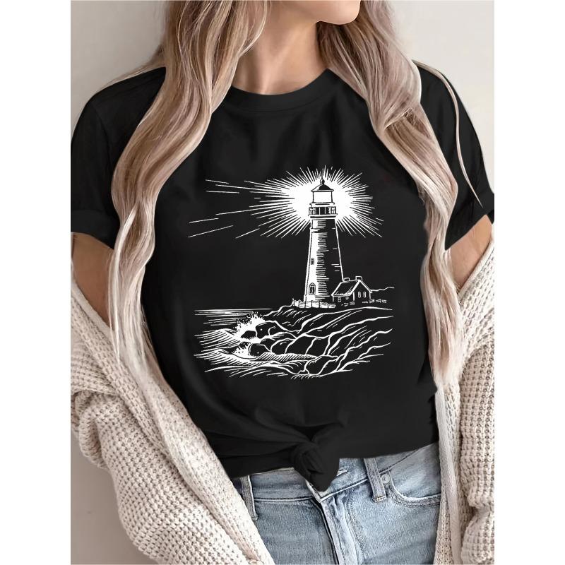 Women's Nautical Lighthouse Print T-Shirt - Safe Return to Design, Soft Loose-Fit Short Sleeve Beach Top with Lighthouse Safe Coast