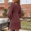 2026 Autumn/Winter V-neck Puff Sleeve Knit Sweater Dress - Women's Casual Solid Color Style