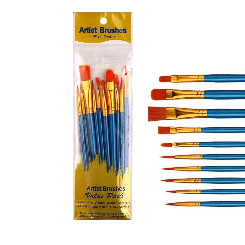 10-Piece Nylon Hair Paint Brush Set with Pearlescent Handles for Oil, Acrylic, Watercolor, and Gouache