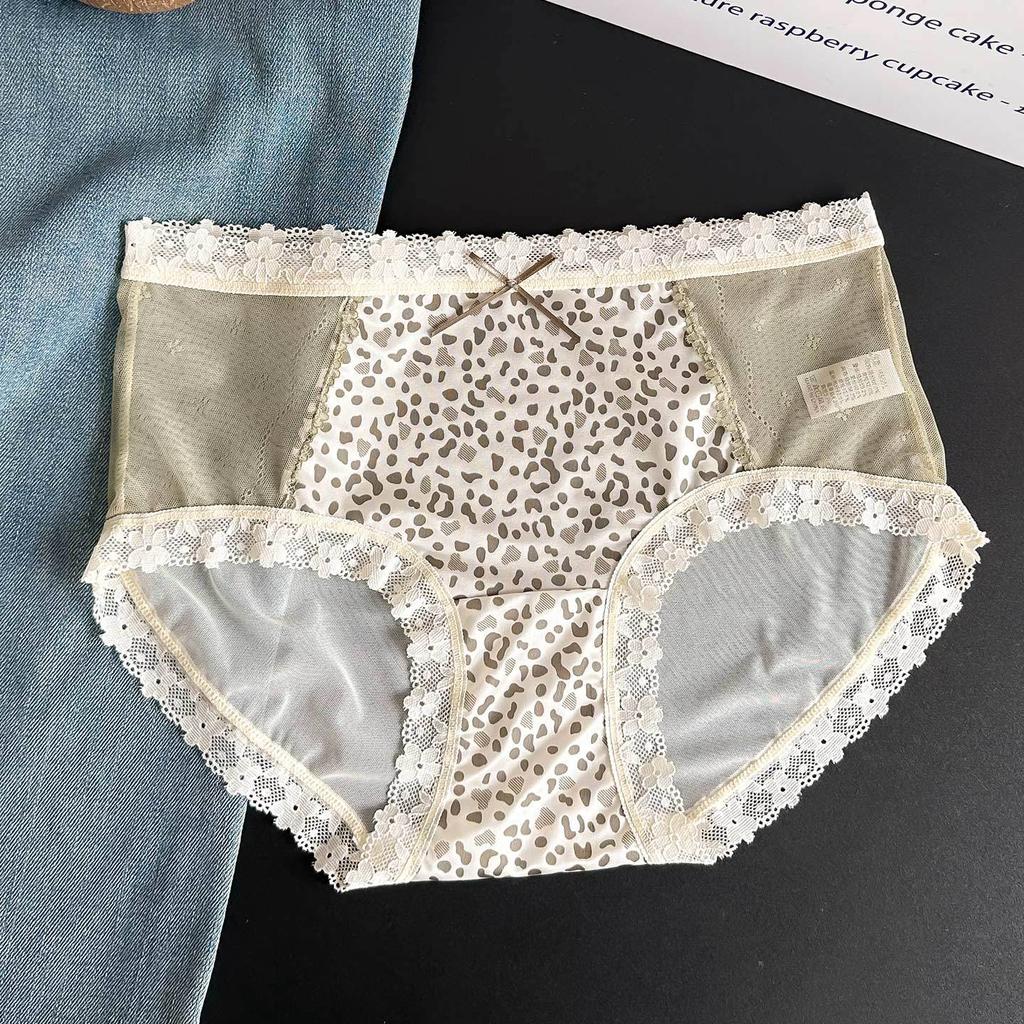 Lady Summer New Sexy Lace Leopard Print Net Gauze Pure Desire Perspective Middle Waist Triangle Briefs