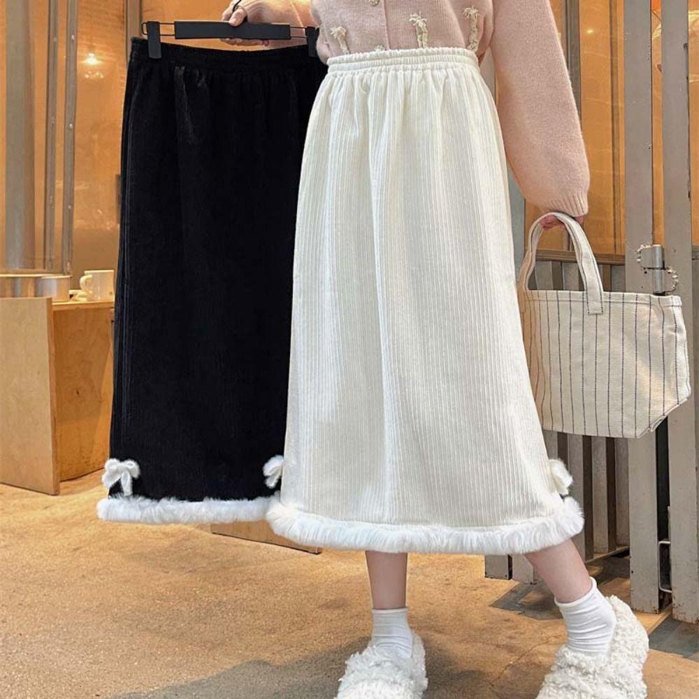 

Half Body Corduroy A-line Skirt Bow Short Dress Fashion Sweety Skirt Women Y2k XL бежевий