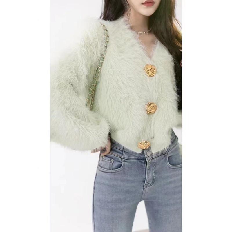 

Вестернизированный вязаный норковый кардиган с v-образным вырезом для женщин, осенне-зимний новый корейский универсальный топ на золотых пуговицах S-3XL