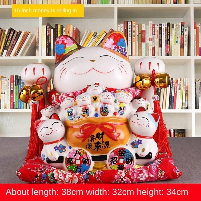 15 Zoll Keramik Glückskatze Japanische Maneki Neko Heimdekoration Ornament Glückskatze Spardose Sparschwein Figur Feng Shui Dekor