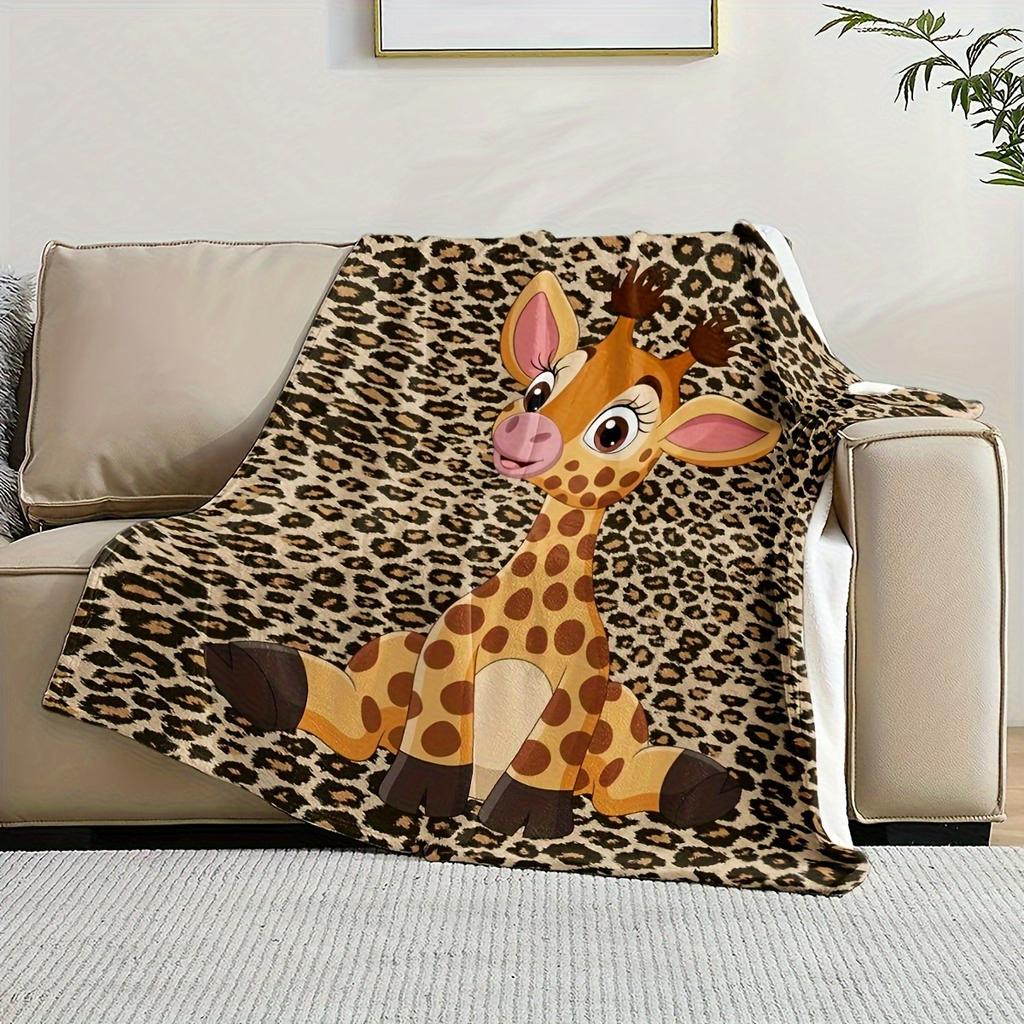 Cute Cartoon Giraffe Blanket with Leopard Print Soft Flannel Throw Blanket for Kids Bed Sofa Cozy Blanket for Home Decor & Gift