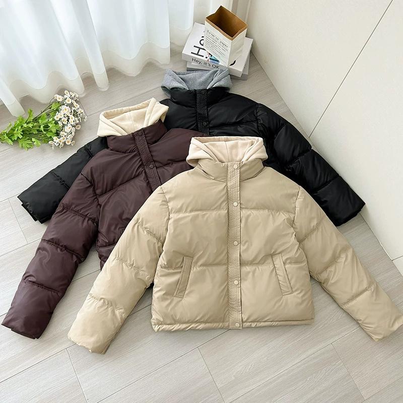 Neue Damen Fake Zweiteiler Baumwolljacke Winter Parkas Nicht waschen PU Daunen Baumwolljacke Kurz Dick Kapuzenmantel Damen Oberbekleidung