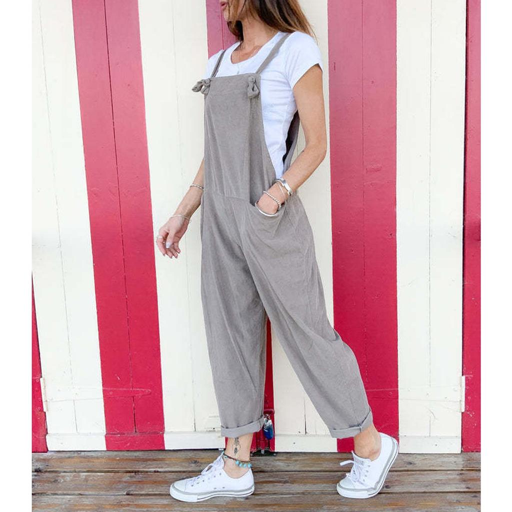 Women's Loose High Waist Pocket Fashion Color Cotton Linen Suspender Jumpsuit