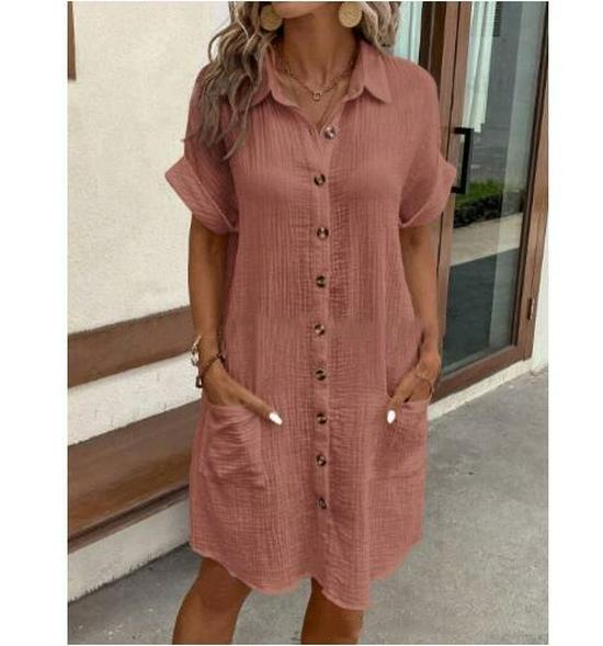 2024 Hot Seller: Summer V-Neck Button Cotton Linen Shirt Dress for Women
