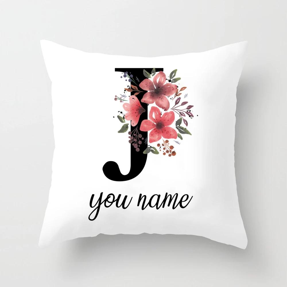 Personalized Name Flower Letter Pillow Case Alphabet Print White Square Pillow Case Dust Cover Bedroom Party Decoration