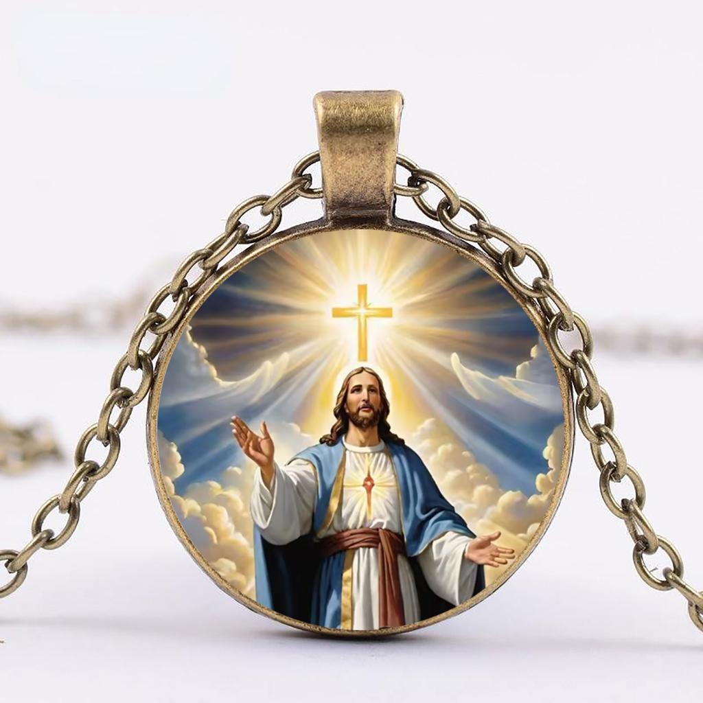 Jesus Cross Necklace, Sacred Guardian Necklace Symbolizing Faith, Glass Pendant