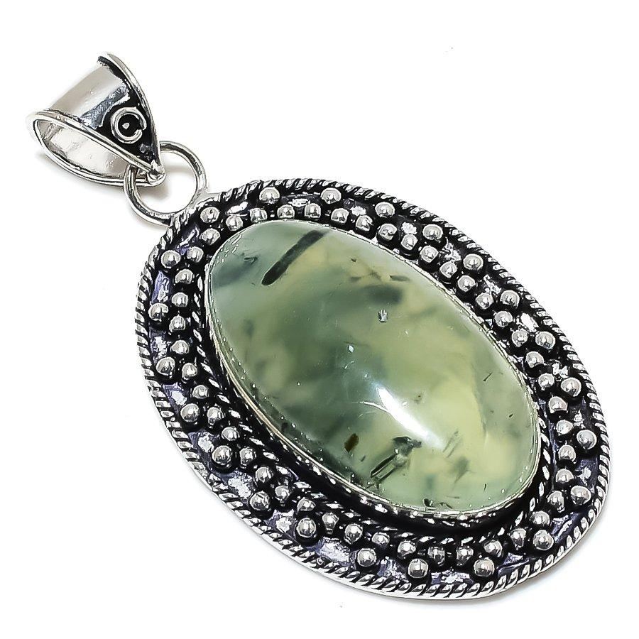 Prehnit Kamień Szlachetny Ręcznie Robiona Biżuteria Srebro Próby 925 Wisiorek 2,64" r9Q95