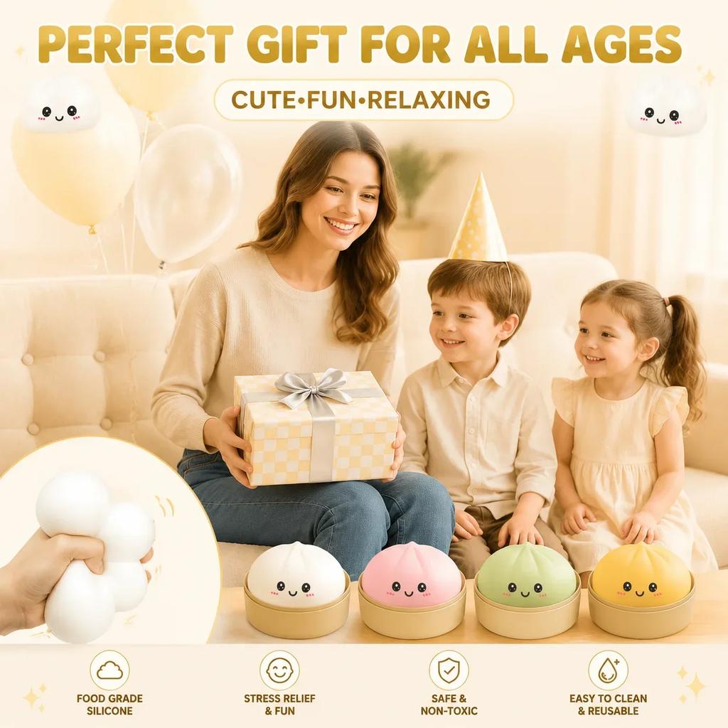 Glittrande Vattendroppe Dumpling Squishy-leksak med Sött Ansikte & Mini Ångkorg, Mjuk TPR Stresslindrande Klämleksak