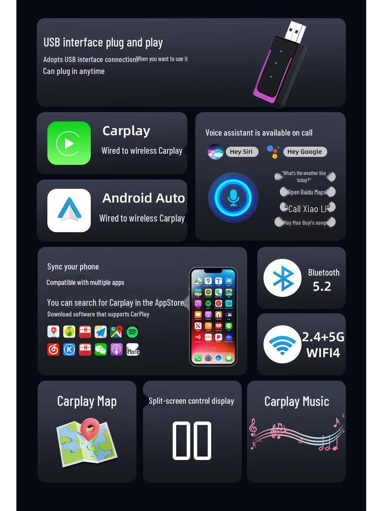 Universal Wireless CarPlay & Android Auto Adapter – Plug & Play Screen Mirroring