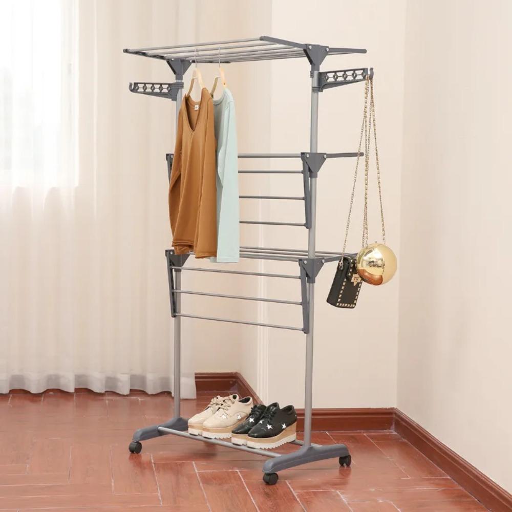 Folding Drying Clothes Rack Stainless Steel Floor Mobile Coat Storage Rack 3-Layer Household Multifunctional Towel Drying Racks