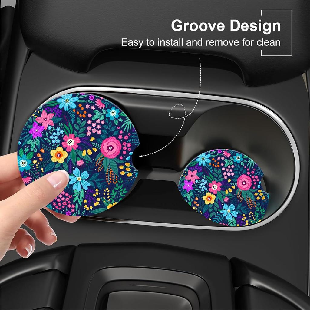 Colorful Flowers and Plants Car Cup Holder Coaster,Car Coasters for Cup Holder,2 Pack Floral Berries Anti-Slip Absorbent Ceramic Car Cup Coasters for